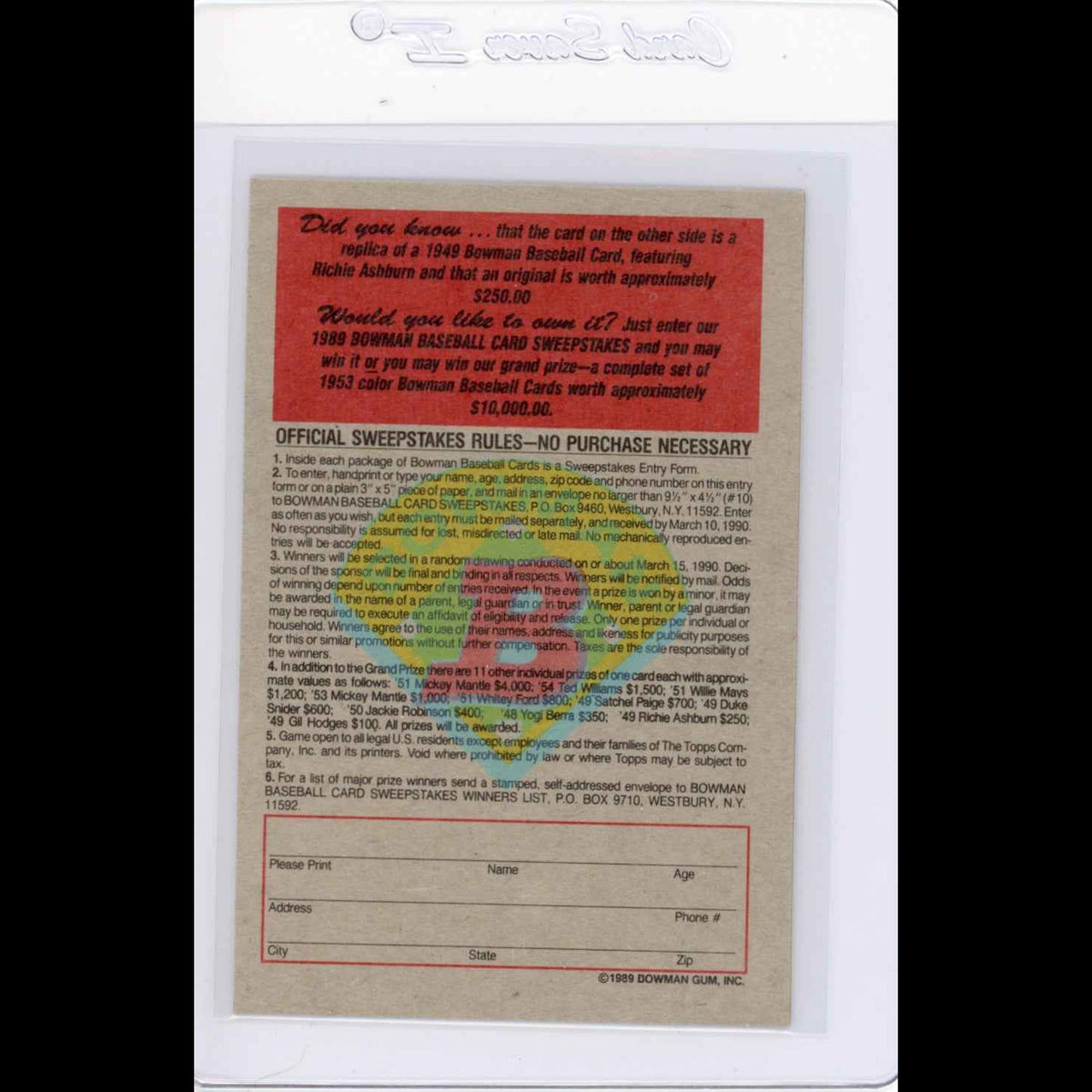 1989 Bowman Insert #1 1949 Richie Ashburn Card - view 4