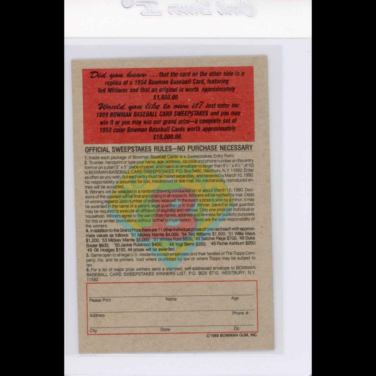1989 Bowman Insert #11 1954 Ted Williams Card - back