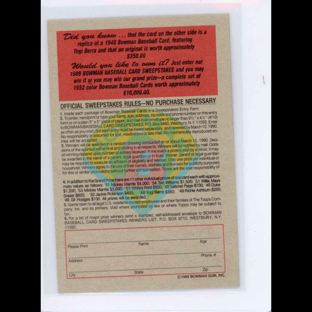 1989 Bowman Insert #2 1949 Yogi Berra Card - back