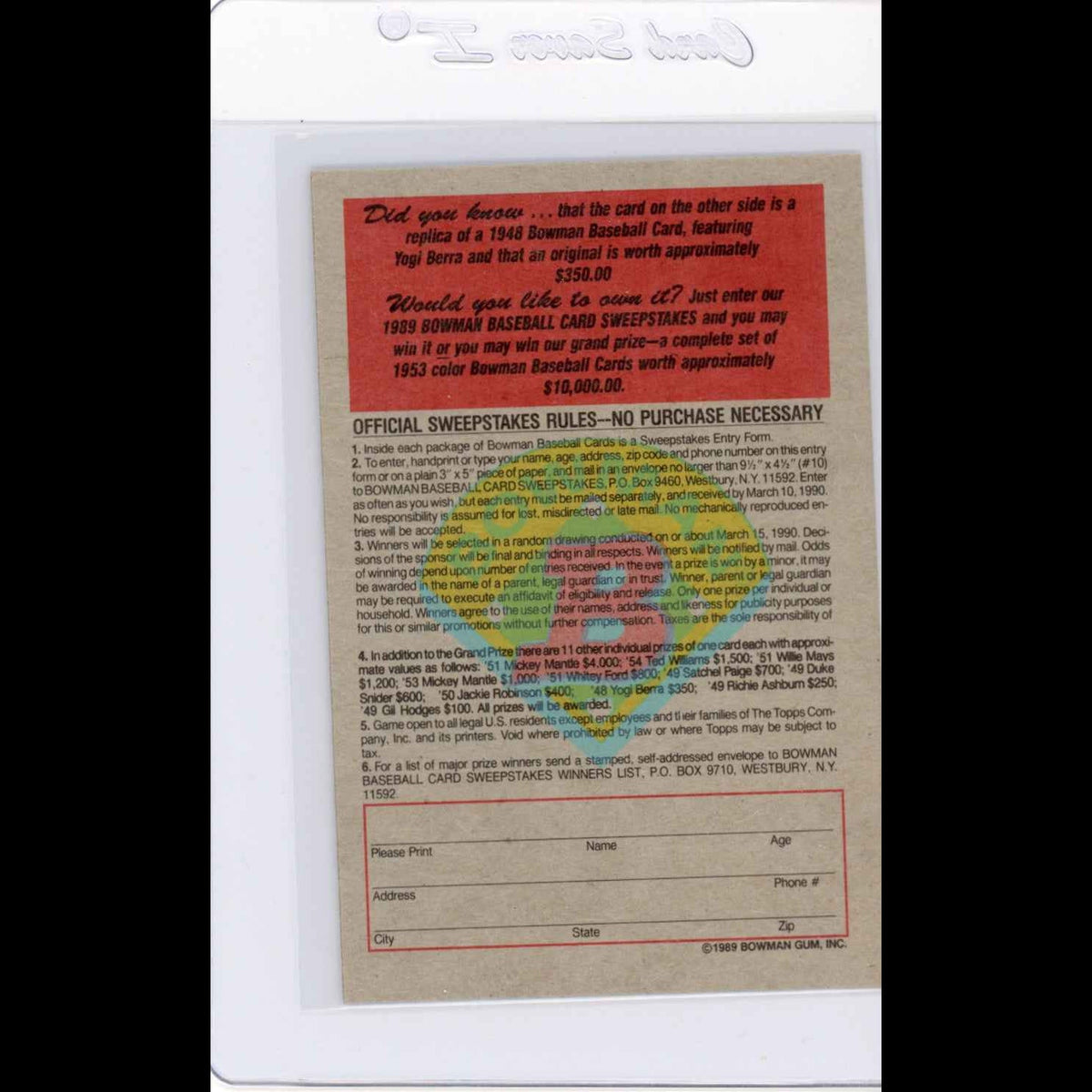 1989 Bowman Insert #2 1949 Yogi Berra Card - view 6