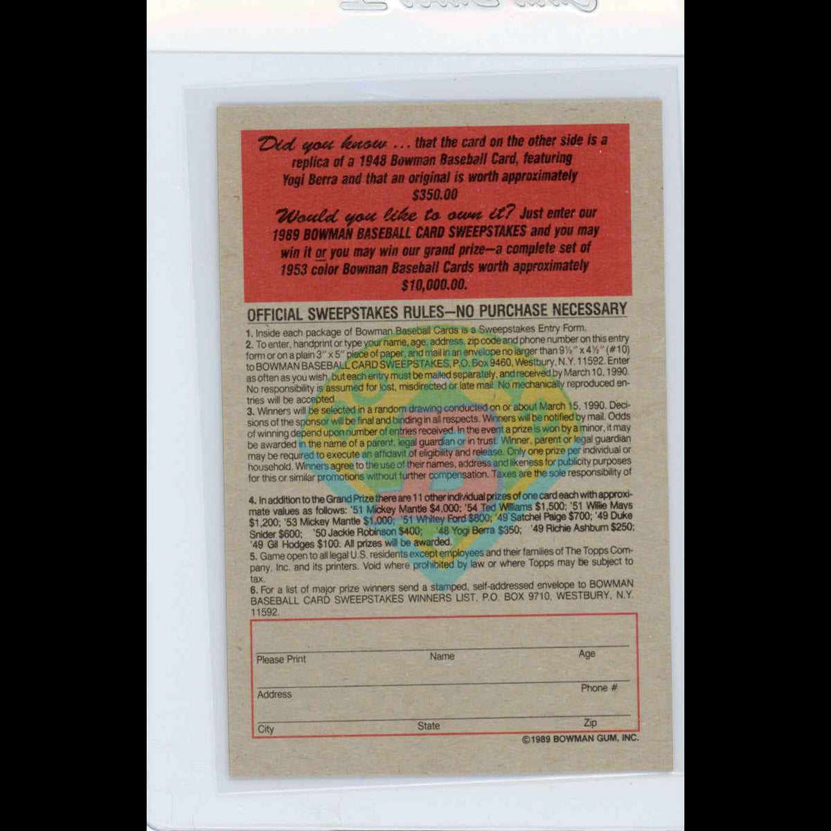 1989 Bowman Insert #2 1949 Yogi Berra Card - view 8