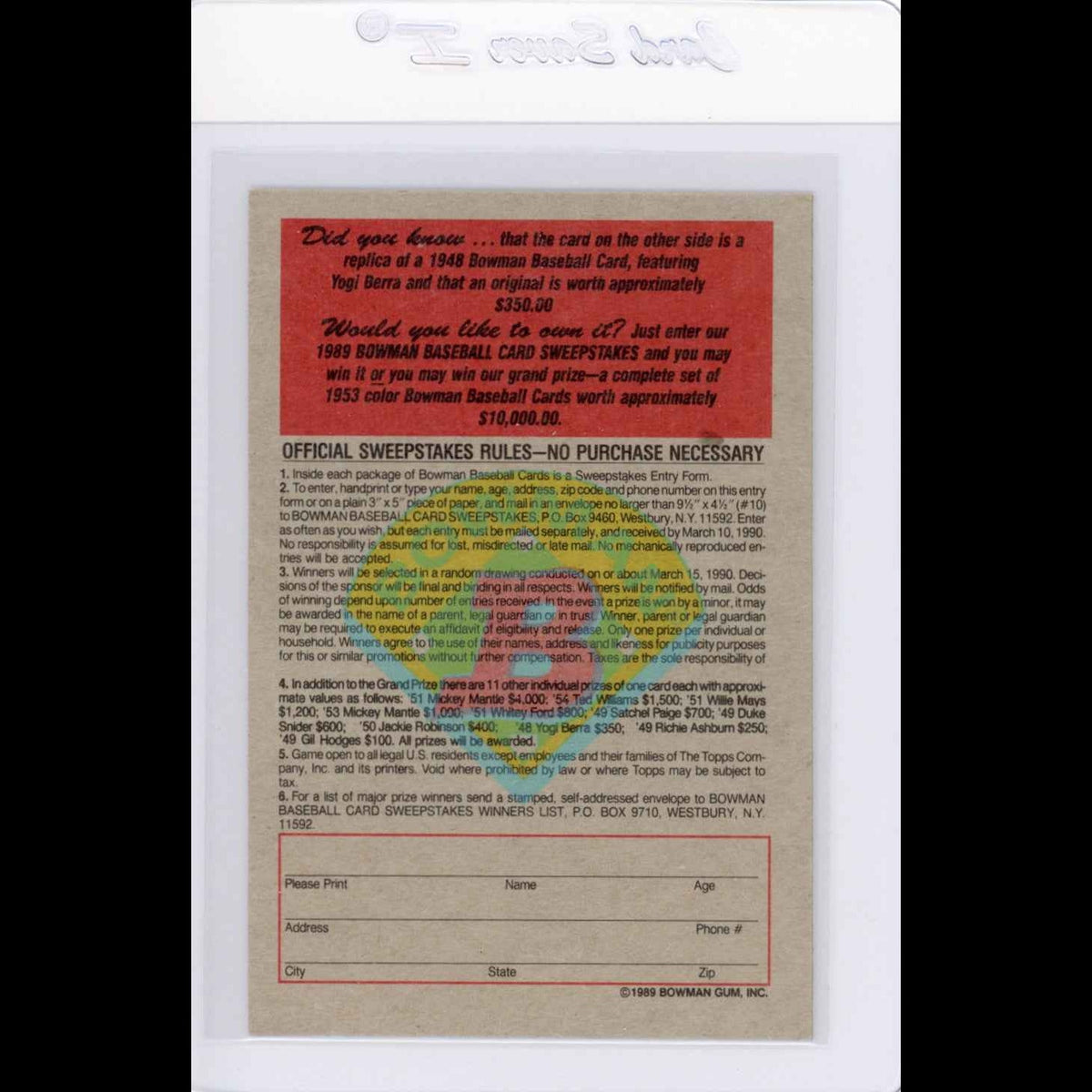 1989 Bowman Insert #2 1949 Yogi Berra Card - view 10
