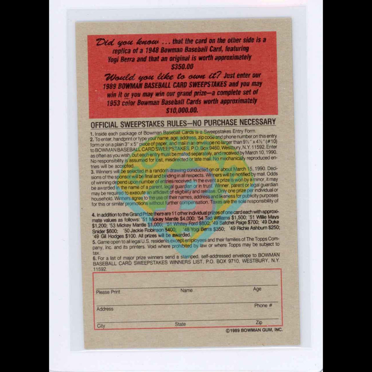 1989 Bowman Insert #2 1949 Yogi Berra Card - view 12