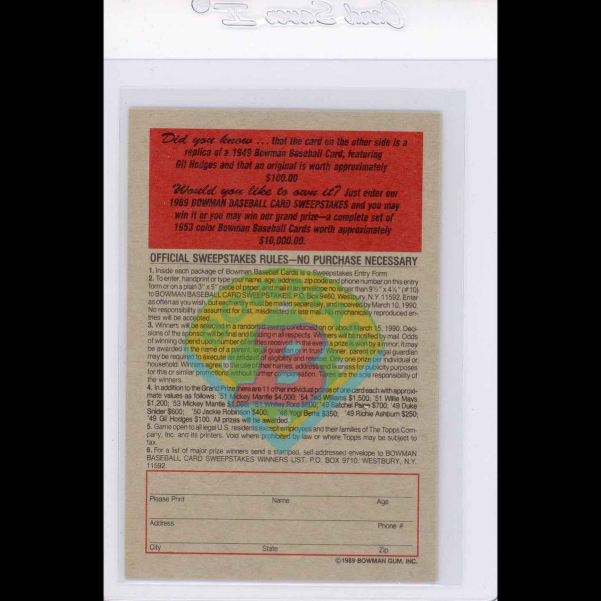 1989 Bowman Insert #4 1949 Gil Hodges Card - back