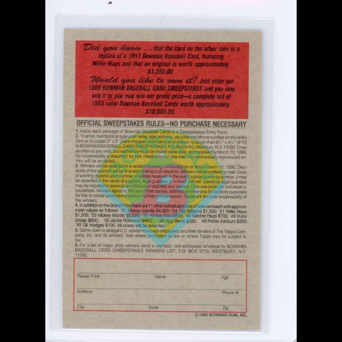 1989 Bowman Insert #7 1951 Willie Mays Card - view 8