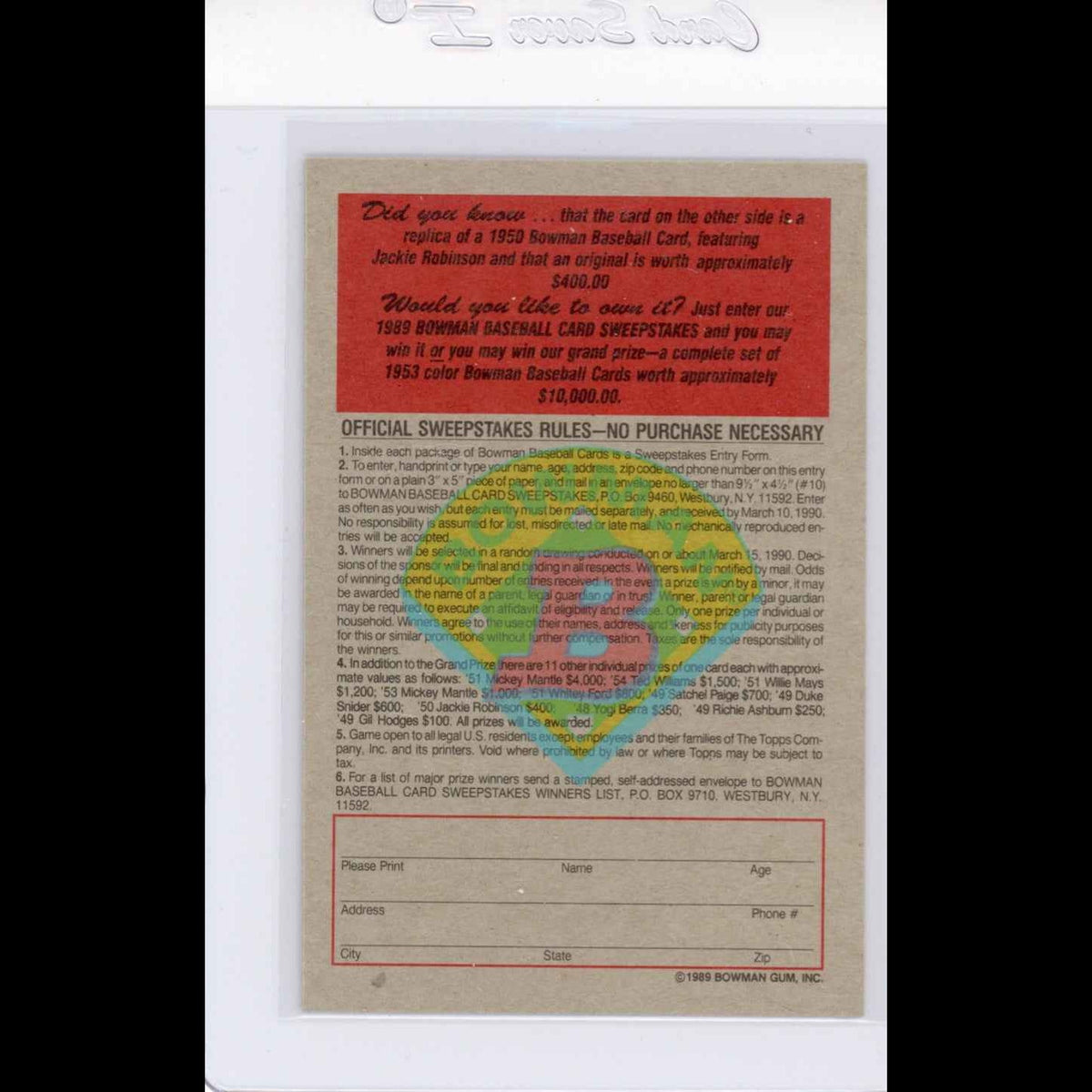 1989 Bowman Insert #9 1950 Jackie Robinson Card - back