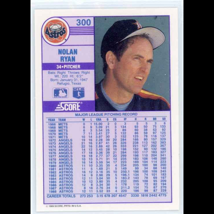 1989 Score #300 Nolan Ryan Card - back