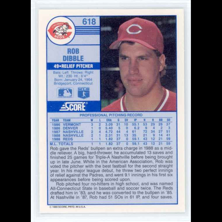 1989 Score #618 Rob Dibble Card - back