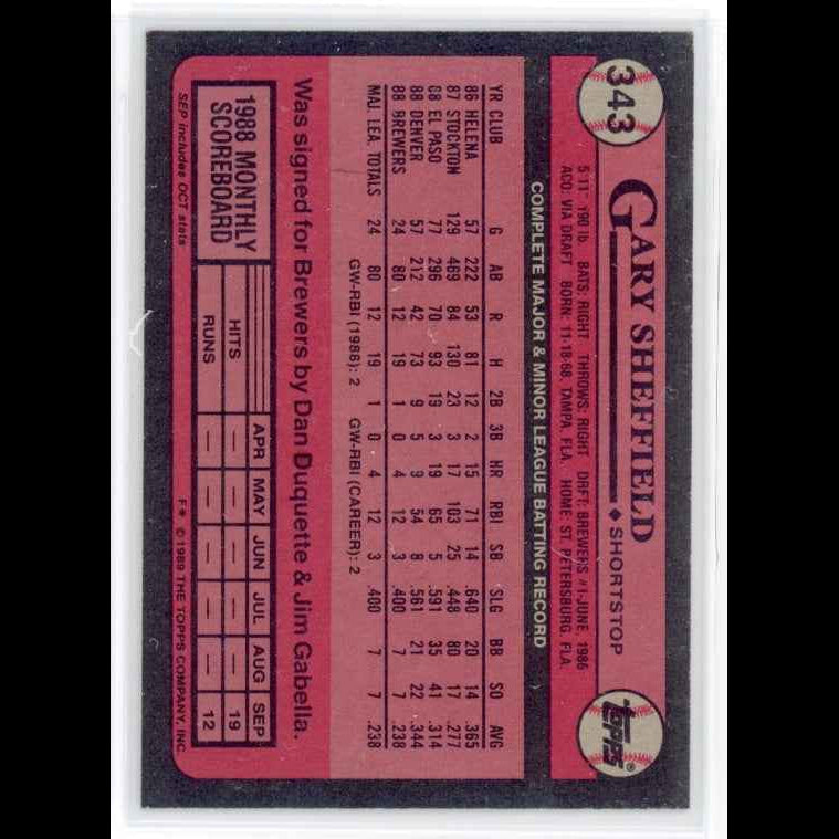 1989 Topps #343 Gary Sheffield FS RC Card - back