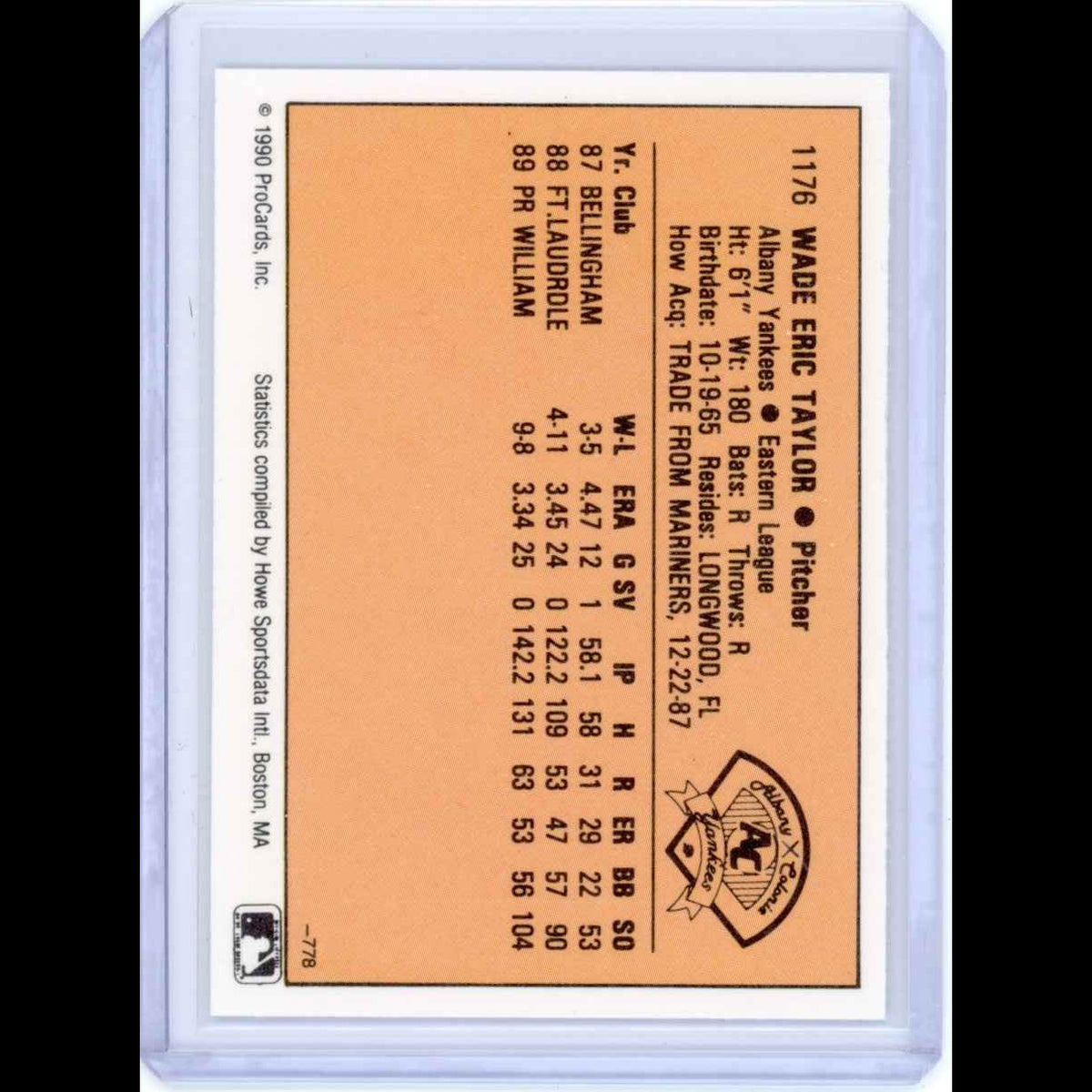 1990 Albany Yankees Procards #1176 Wade Taylor Card - back