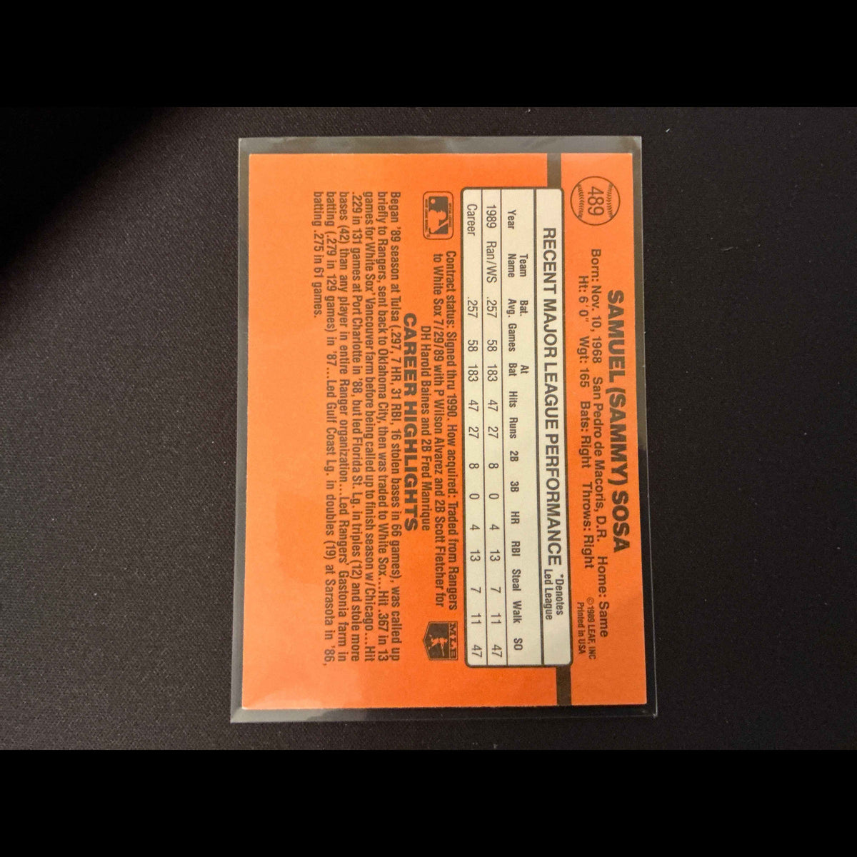 1990 Donruss #489 Sammy Sosa Rookie Card - back