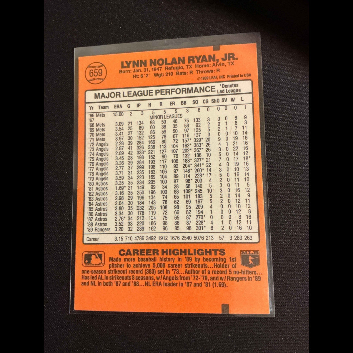 1990 Donruss #659 Nolan Ryan 5000K’s Card - back