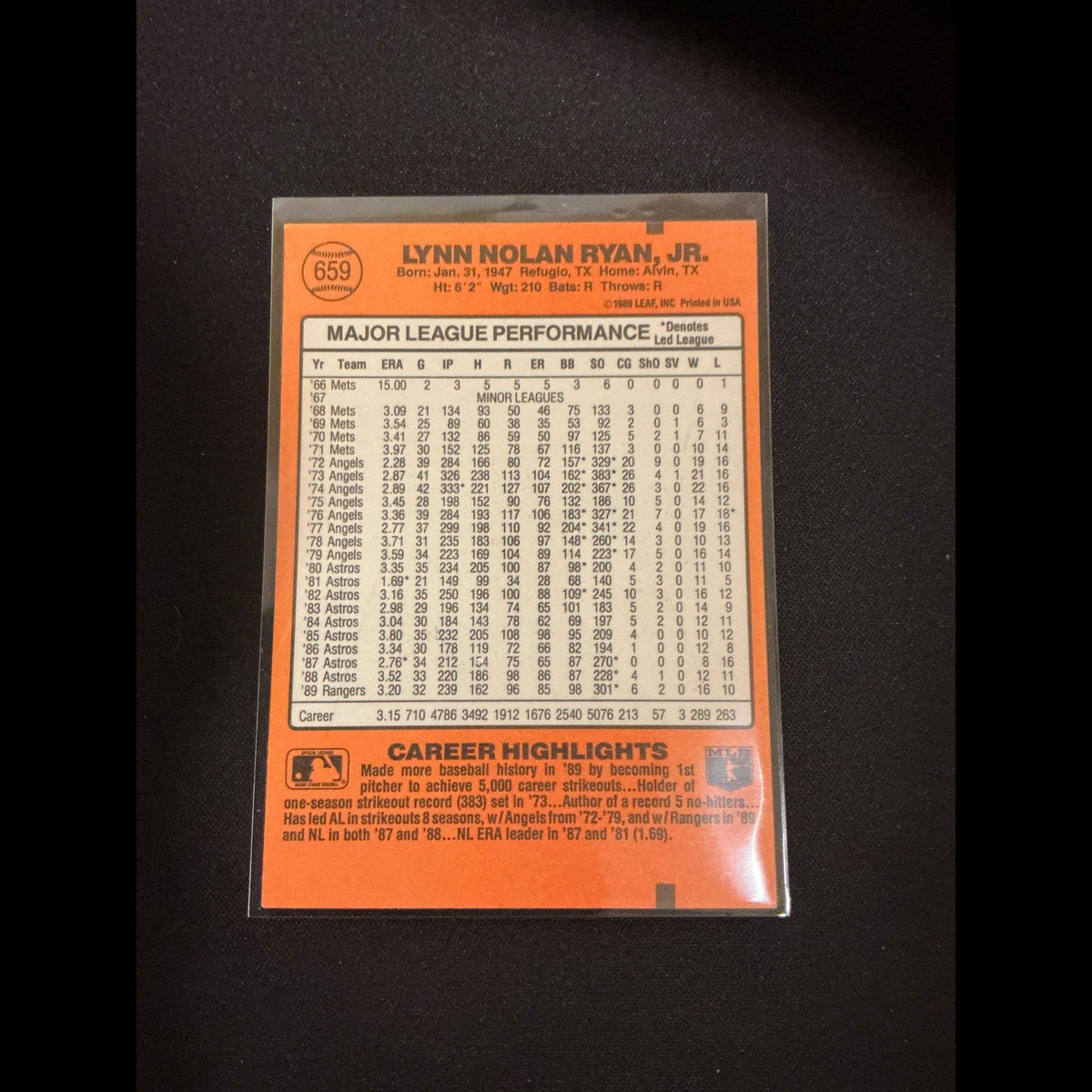 1990 Donruss #659 Nolan Ryan 5000K’s Card - view 4