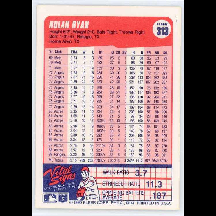 1990 Fleer #313 Nolan Ryan Card - back