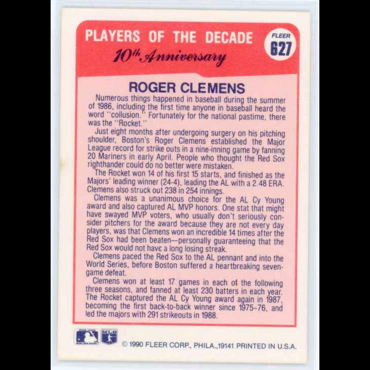 1990 Fleer #627 Roger Clemens Players of the Decade Card - back