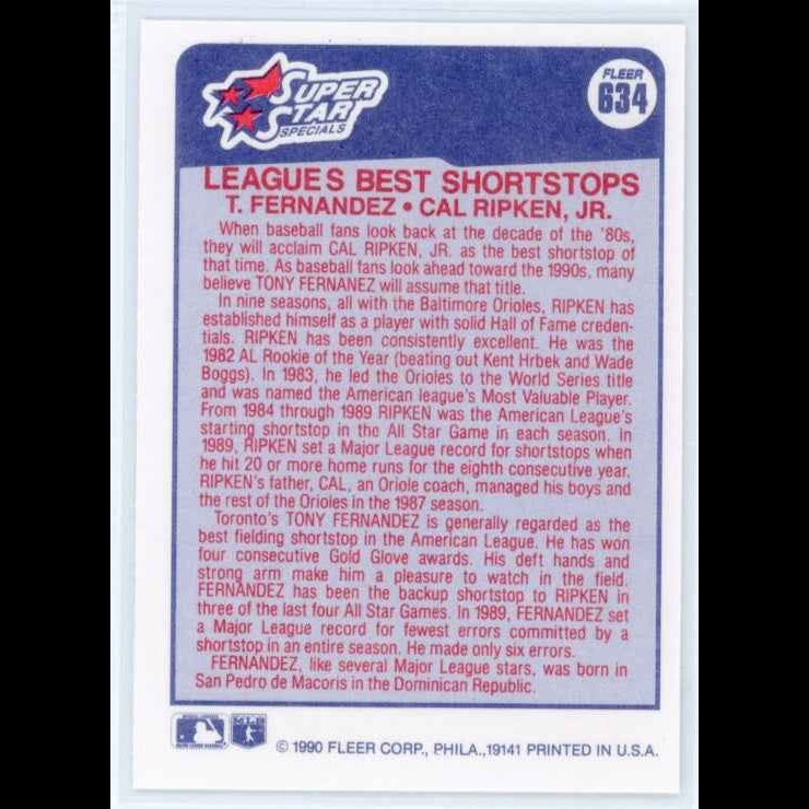 1990 Fleer #634 Tony Fernandez Cal Ripken Jr Card - back