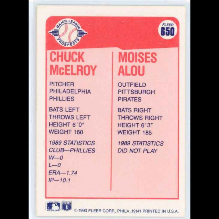 1990 Fleer #650 Moises Alou Chuck McElroy Major League Prospects Card - back