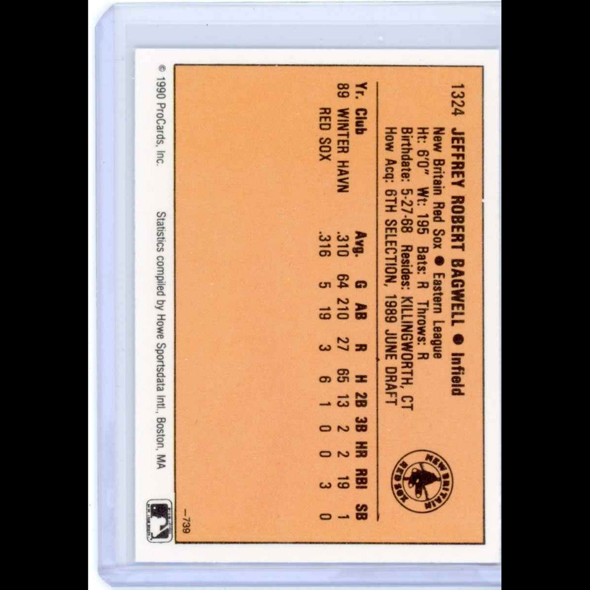 1990 New Britain Red Sox #1324 Jeffrey Bagwell Baseball Card - back
