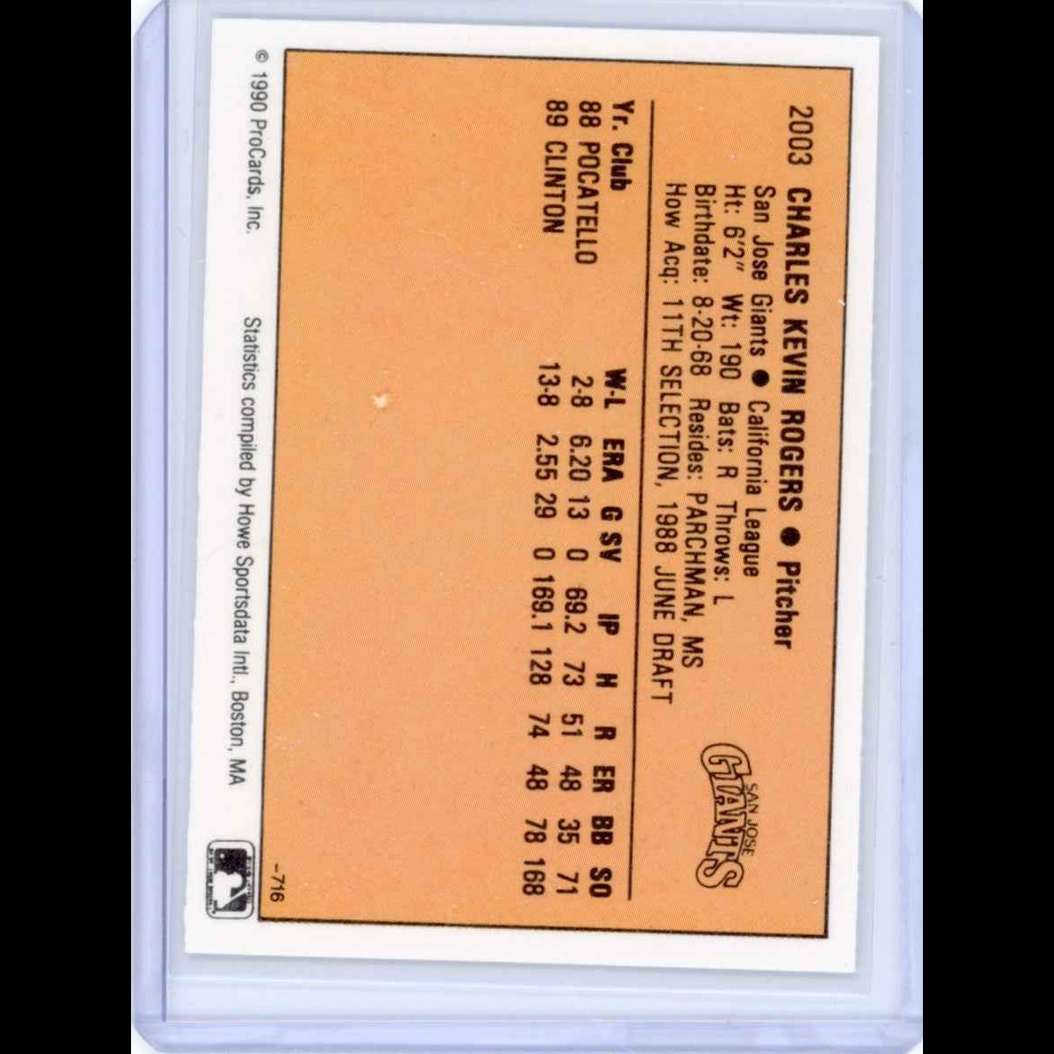 1990 San Jose Giants Procards #2003 Kevin Rogers Card - back