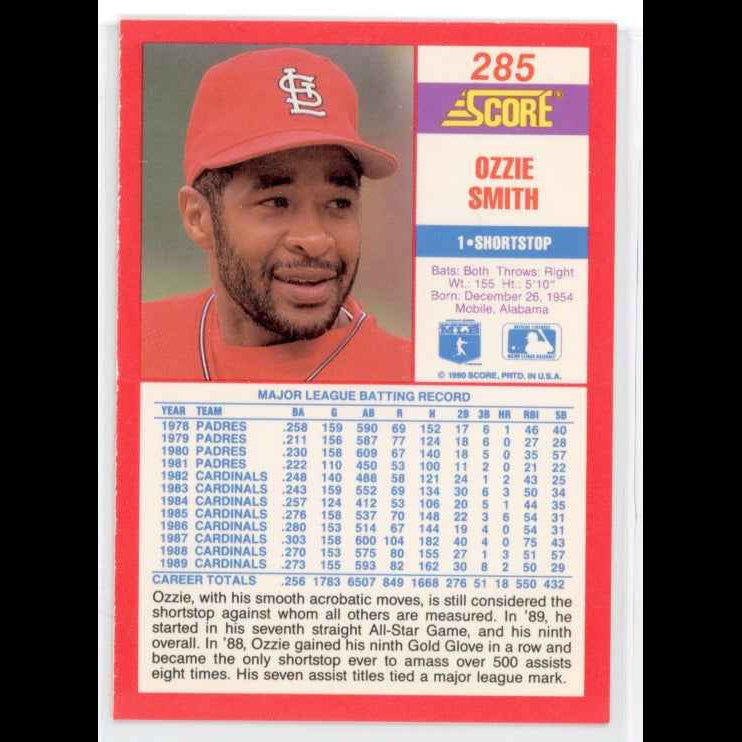 1990 Score #285 Ozzie Smith Card - back