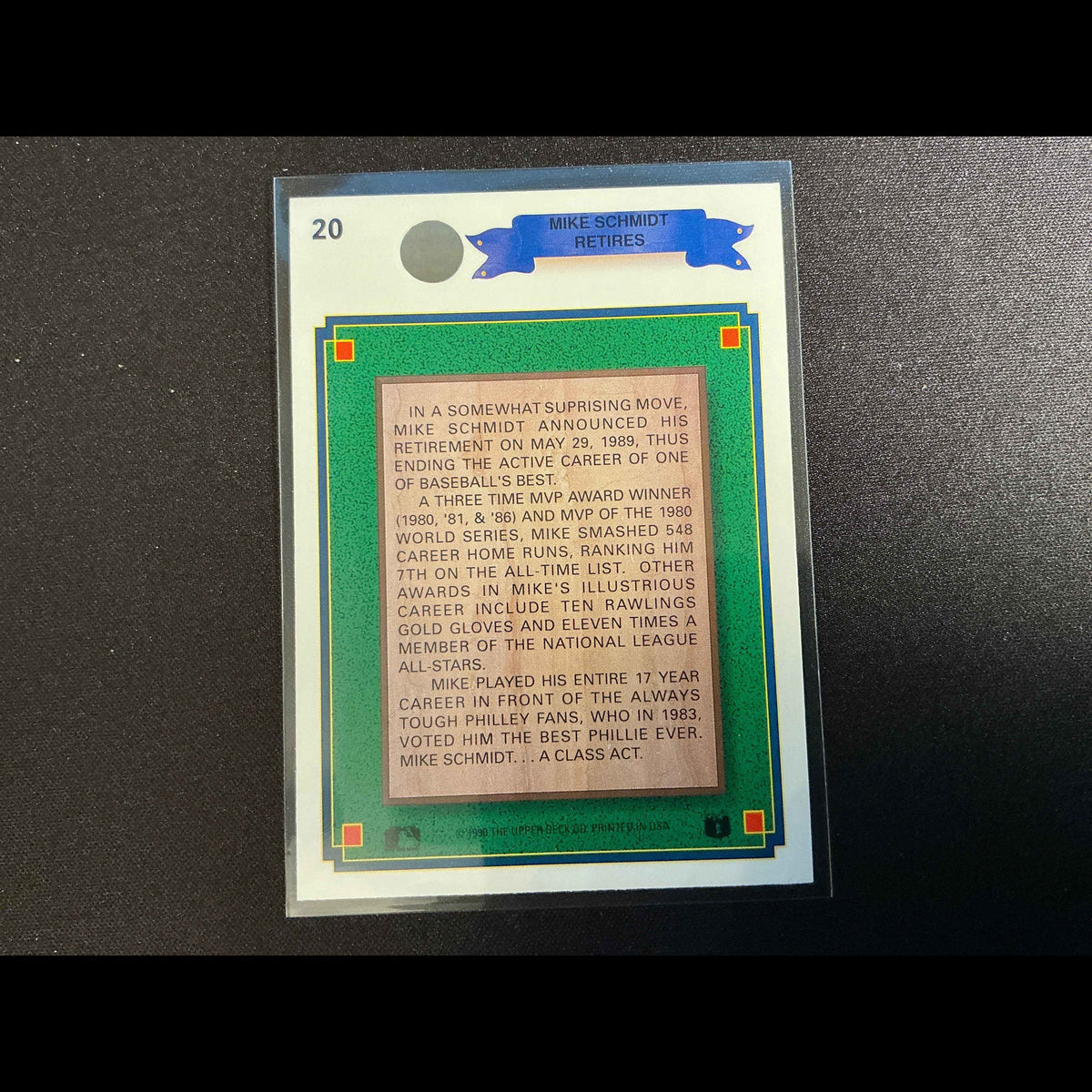 1990 Upper Deck #20 Mike Schmidt Retires Card - back