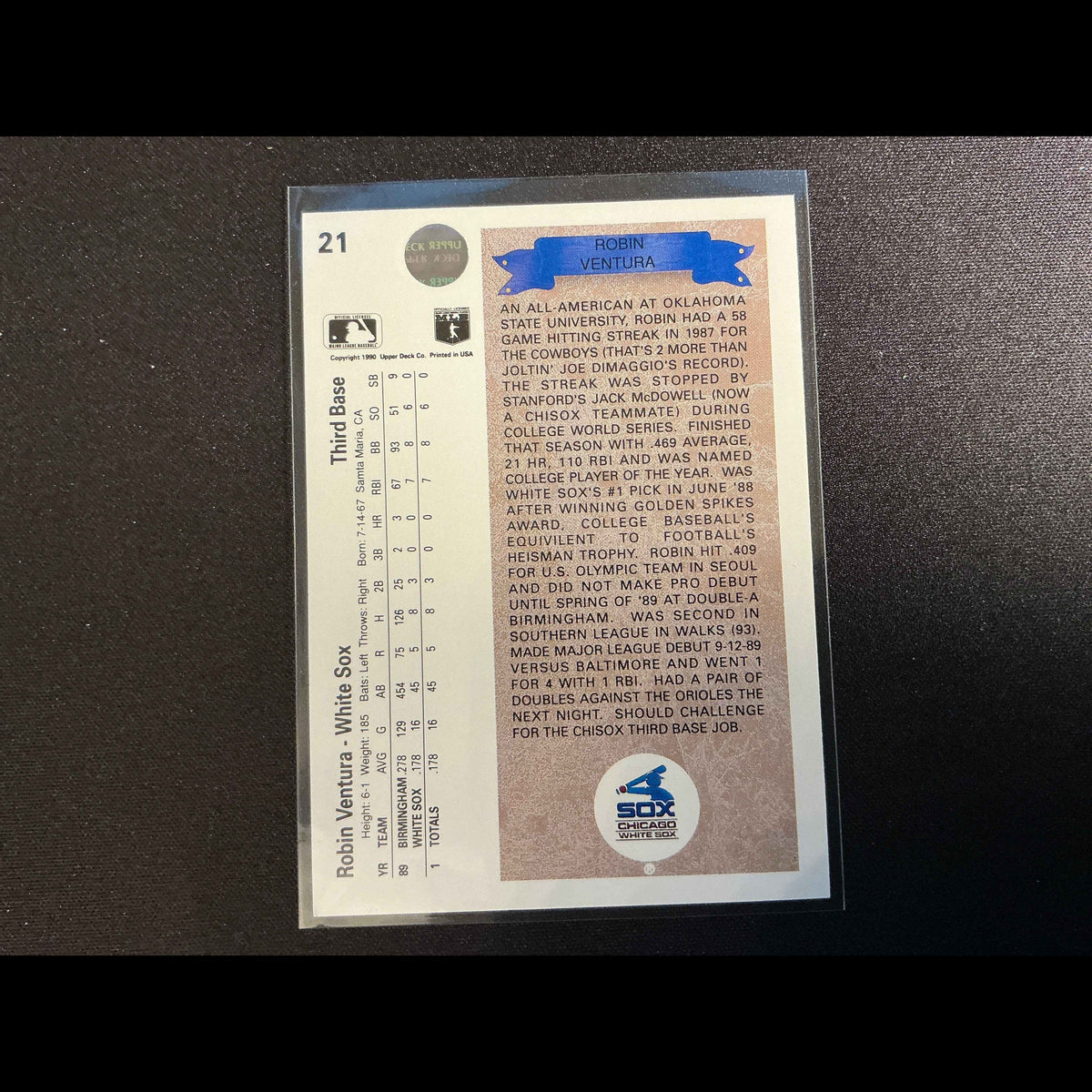 1990 Upper Deck #21 Robin Ventura Rookie (RC) Card - back