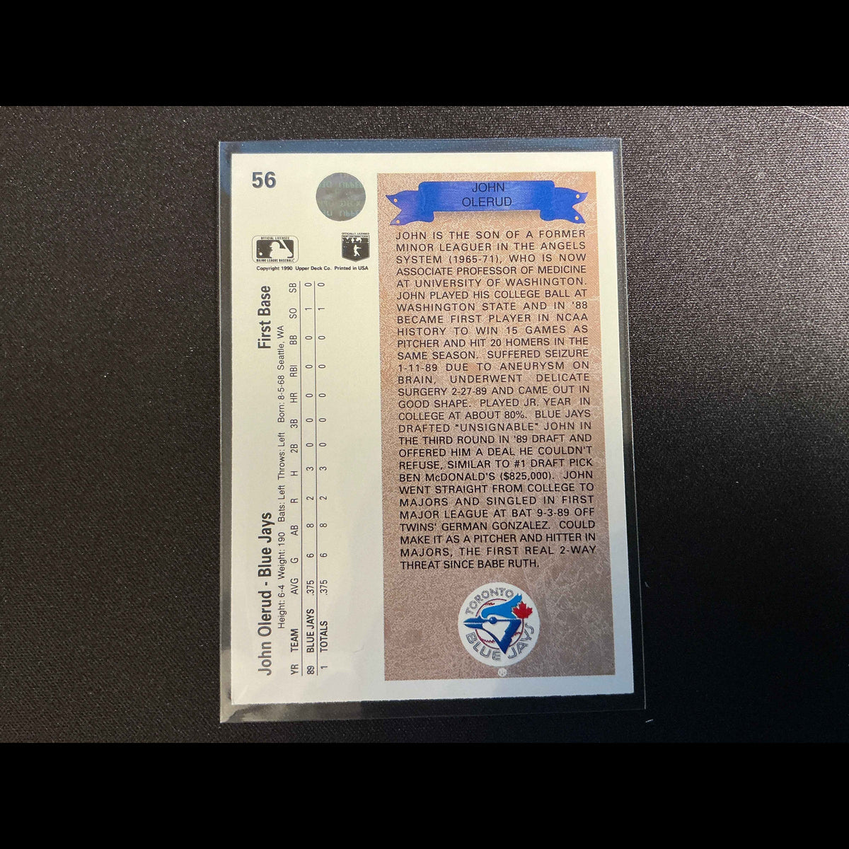 1990 Upper Deck #56 John Olerud Rookie (RC) Card - back
