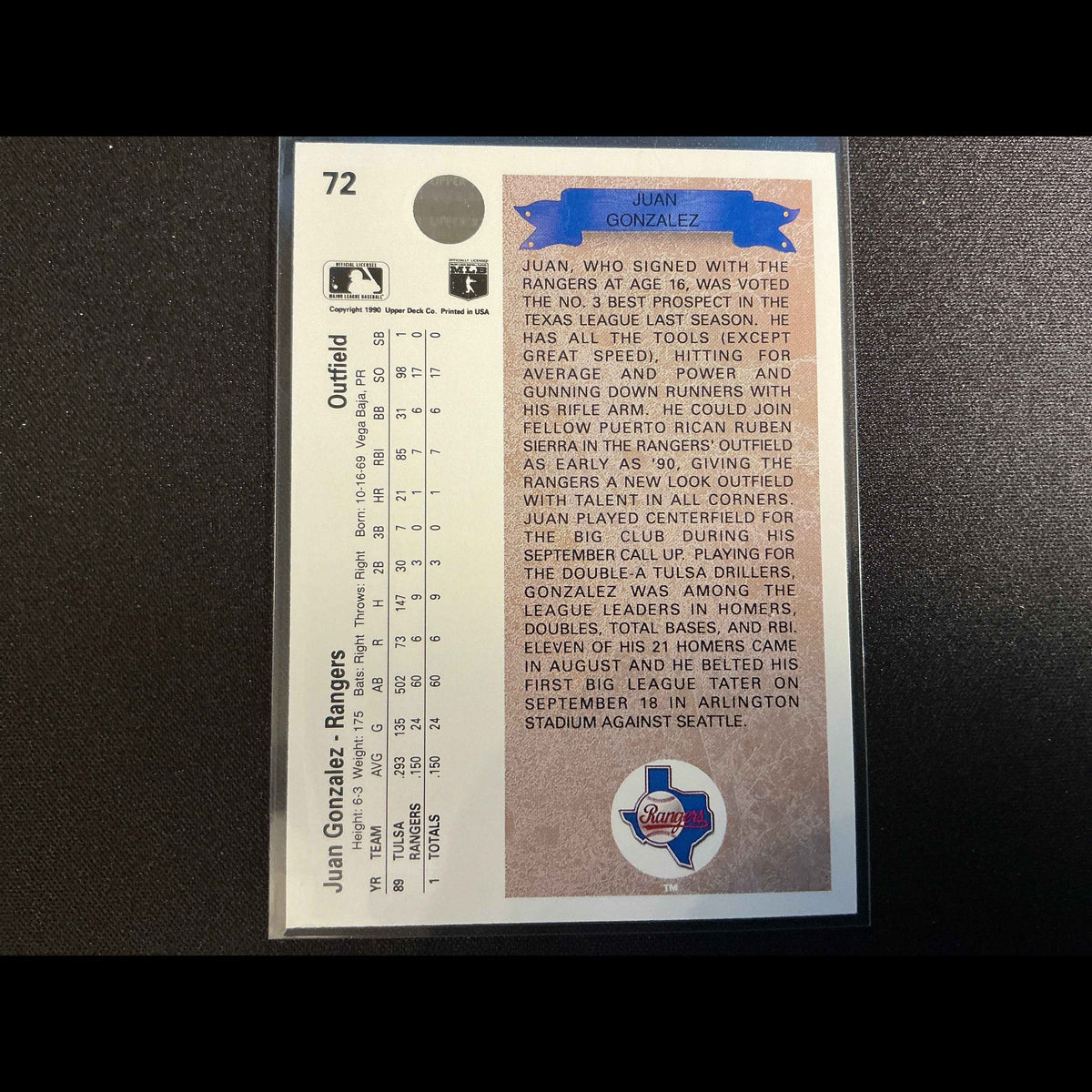 1990 Upper Deck #72 Juan Gonzalez Rookie (RC) Card - back