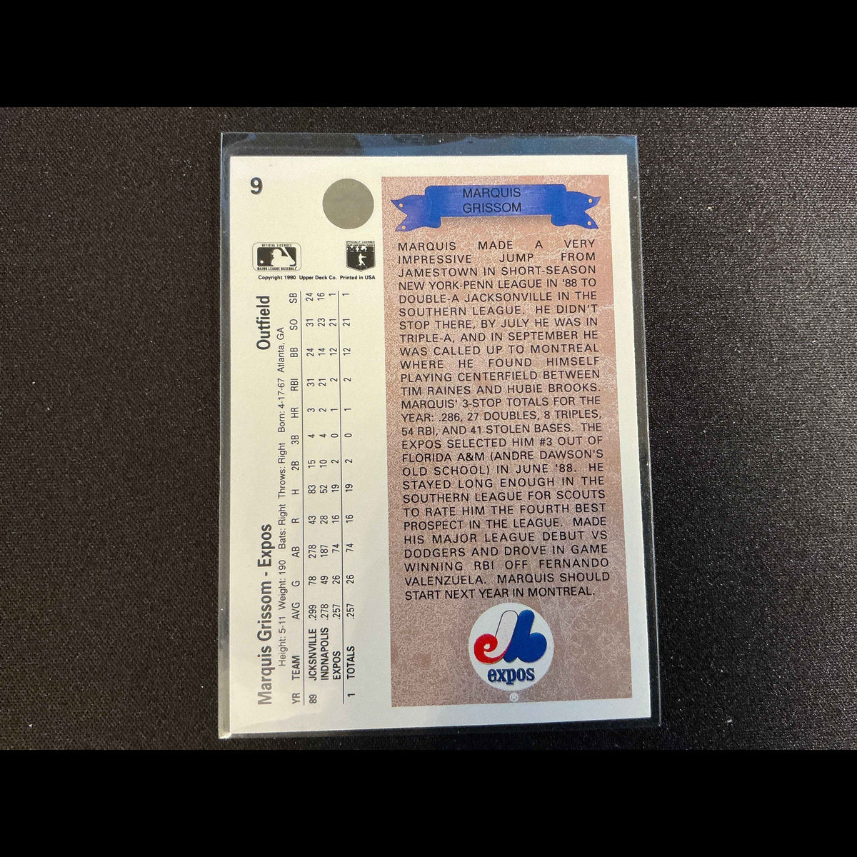1990 Upper Deck #9 Marquis Grissom Rookie (RC) Card - back