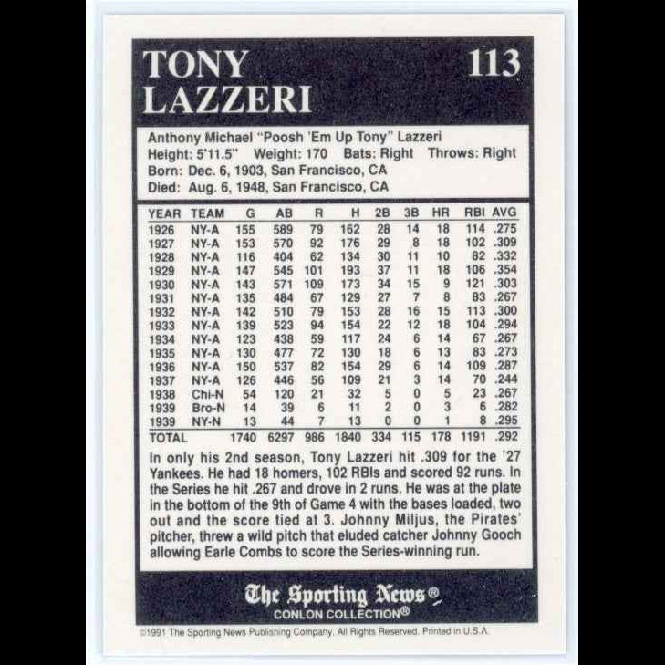 1991 Conlon TSN #113 Tony Lazzeri Card - back