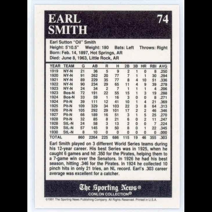 1991 Conlon TSN #74 Earl Smith Card - back