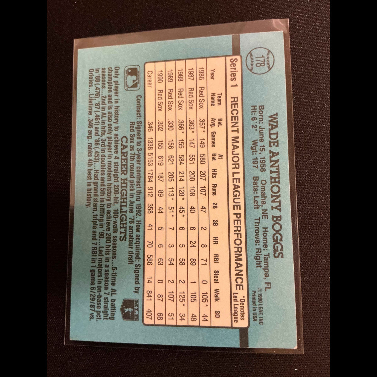 1991 Donruss #178 Wade Boggs No . After INC Error Card - back