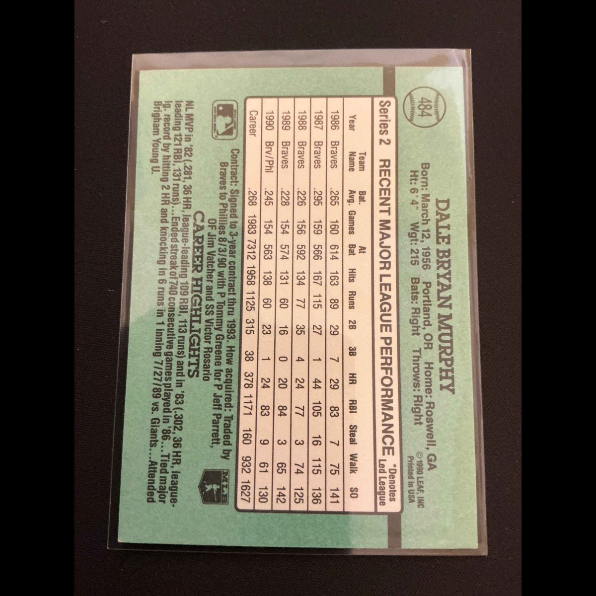 1991 Donruss #484 Dale Murphy No . After INC Error Card - back