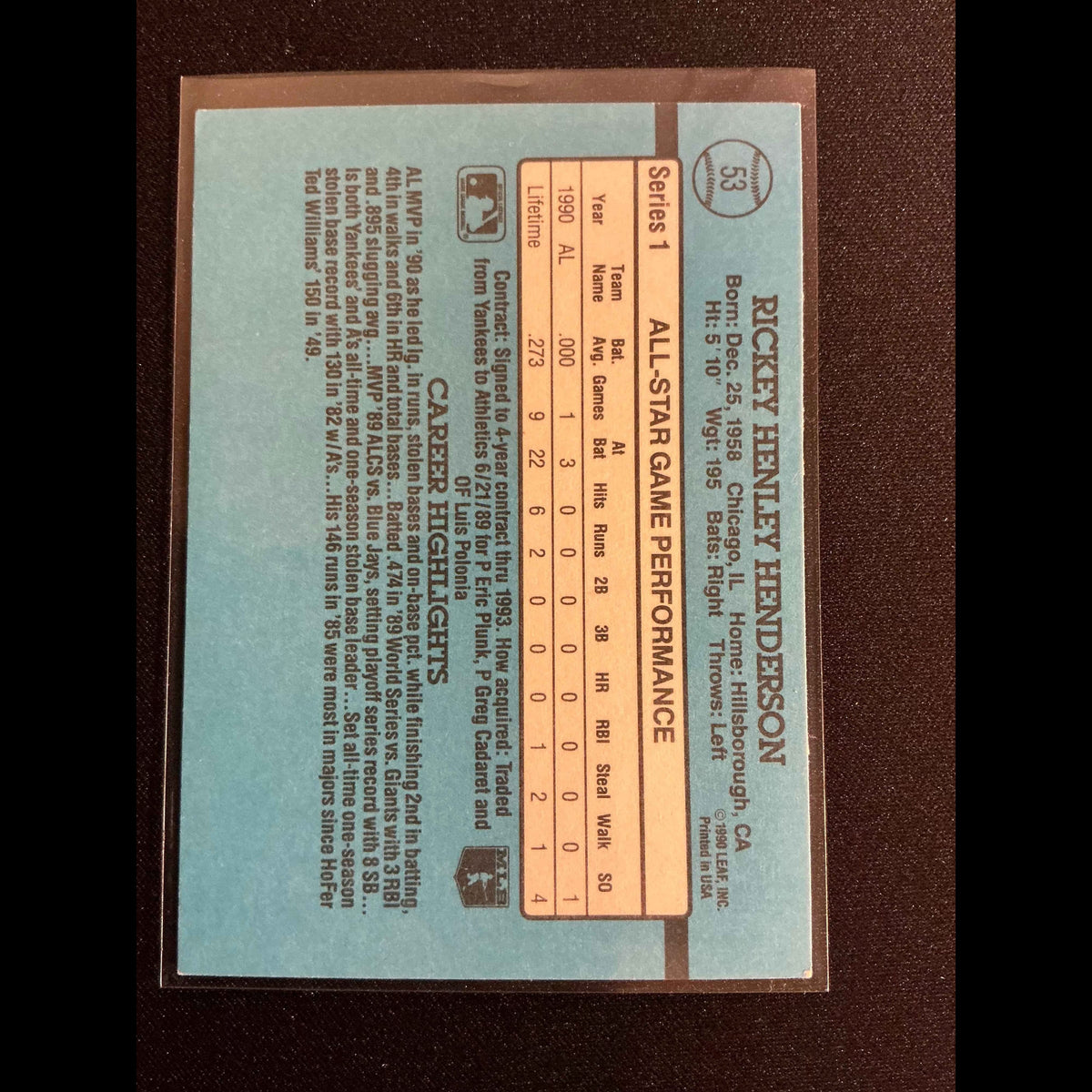 1991 Donruss #53 Rickey Henderson All Star Card - back
