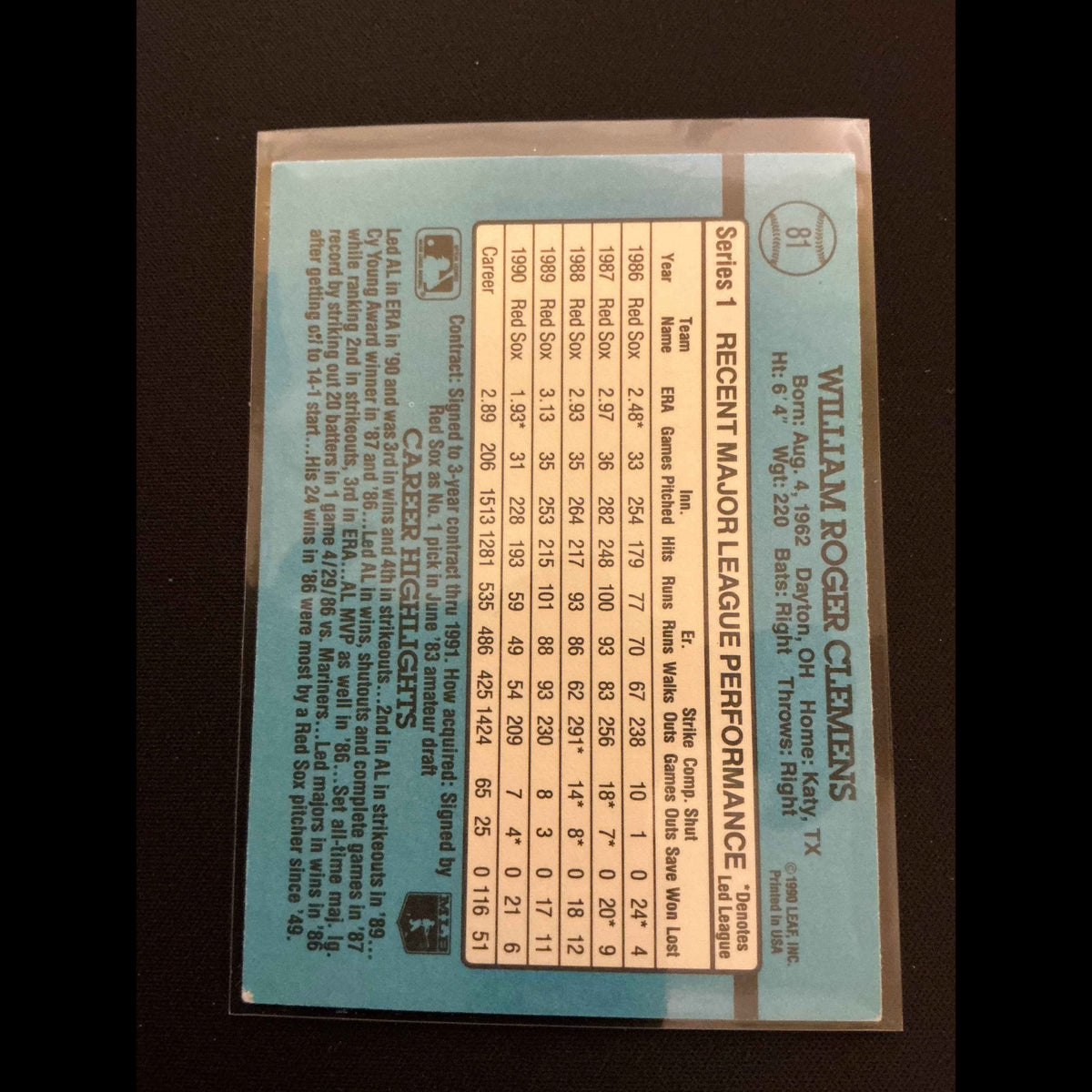 1991 Donruss #81 Roger Clemens Card - back