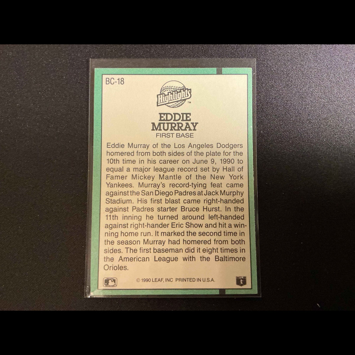 1991 Donruss MVPs #BC-18 Eddie Murray MVP Error Card - Rare INC Error - back