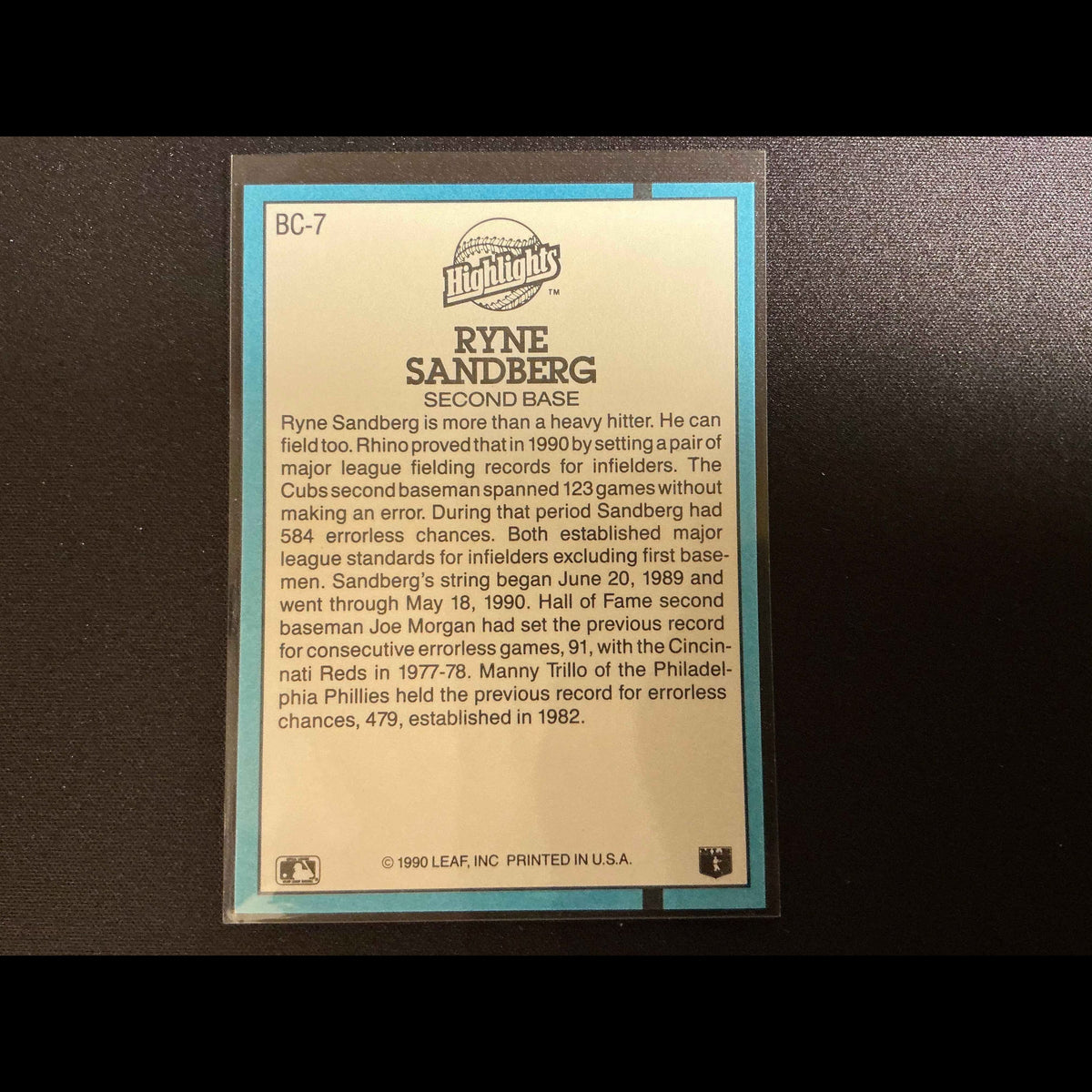 1991 Donruss MVPs Ryne Sandberg MVP Error Card - Rare INC Error - back