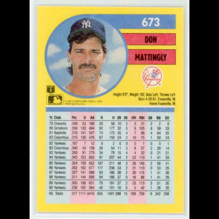 1991 Fleer #673 Don Mattingly Card - back