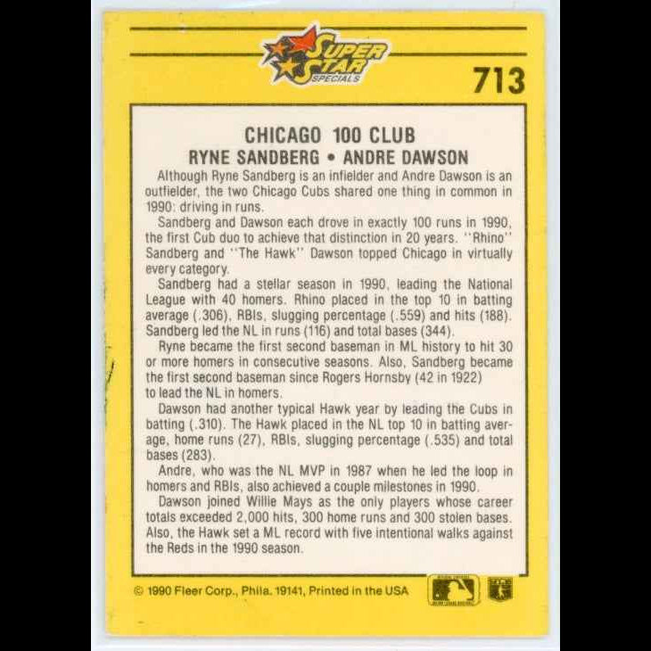 1991 Fleer #713 Ryne Sandberg Andre Dawson Card - back