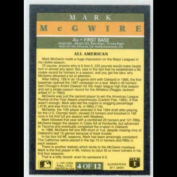 1991 Fleer Pro-Visions #4 Mark McGwire Card - back