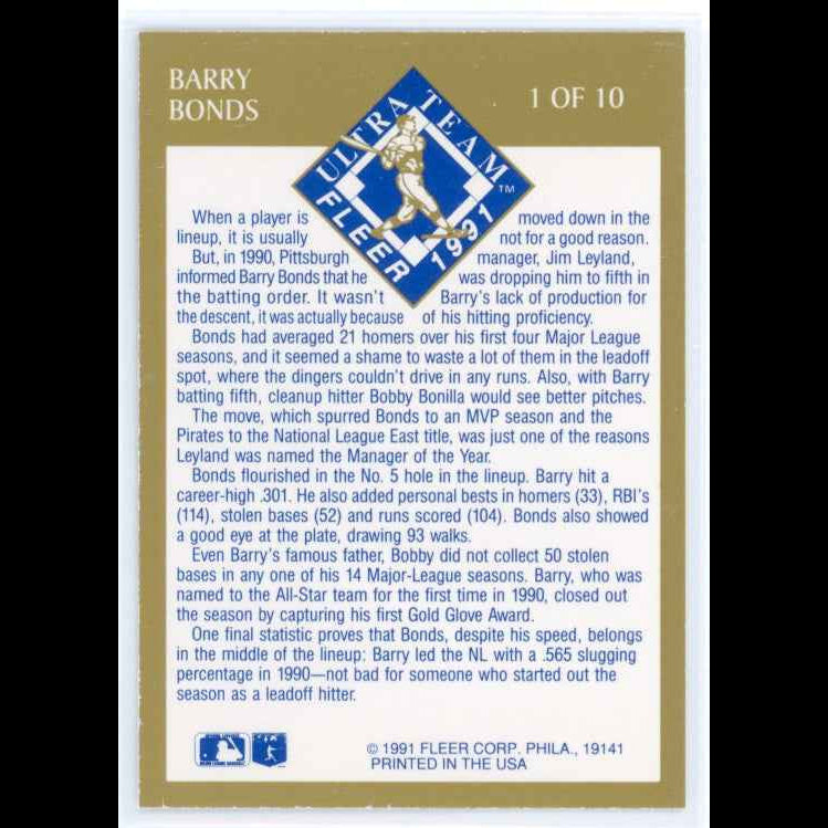1991 Fleer Ultra Gold #1 Barry Bonds Card - back