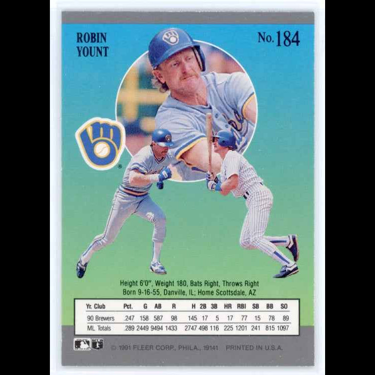 1991 Fleer Ultra #184 Robin Yount Card - back