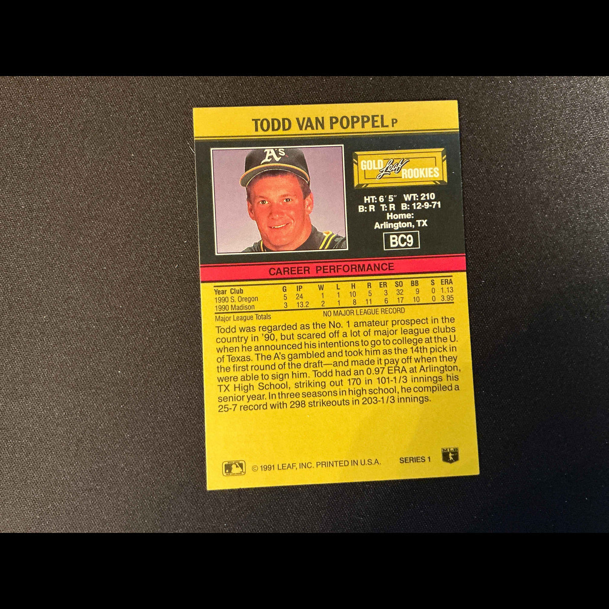 1991 Leaf Gold Rookies #BC9 Todd Van Poppel - back