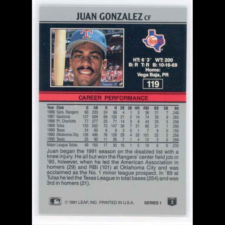 1991 Leaf #119 Juan Gonzalez Card - back