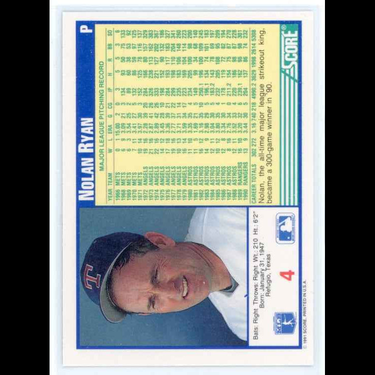 1991 Score #4 Nolan Ryan Card - back