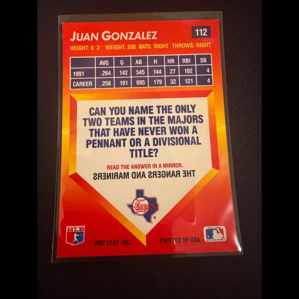 1992 Donruss Triple Play #112 Juan Gonzalez Card - view 4