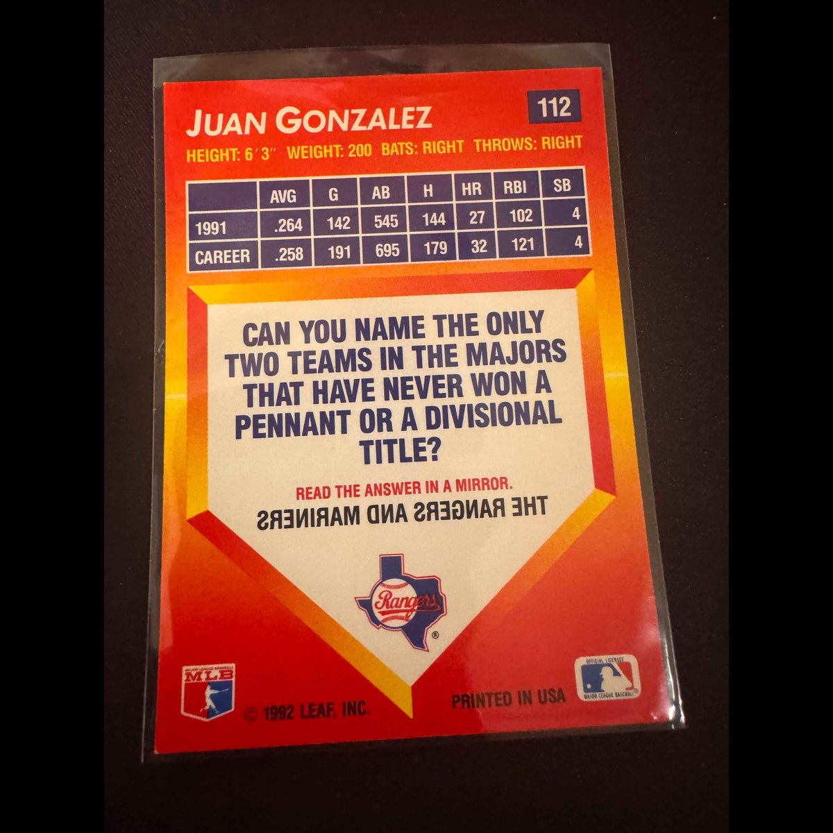 1992 Donruss Triple Play #112 Juan Gonzalez Card - view 8
