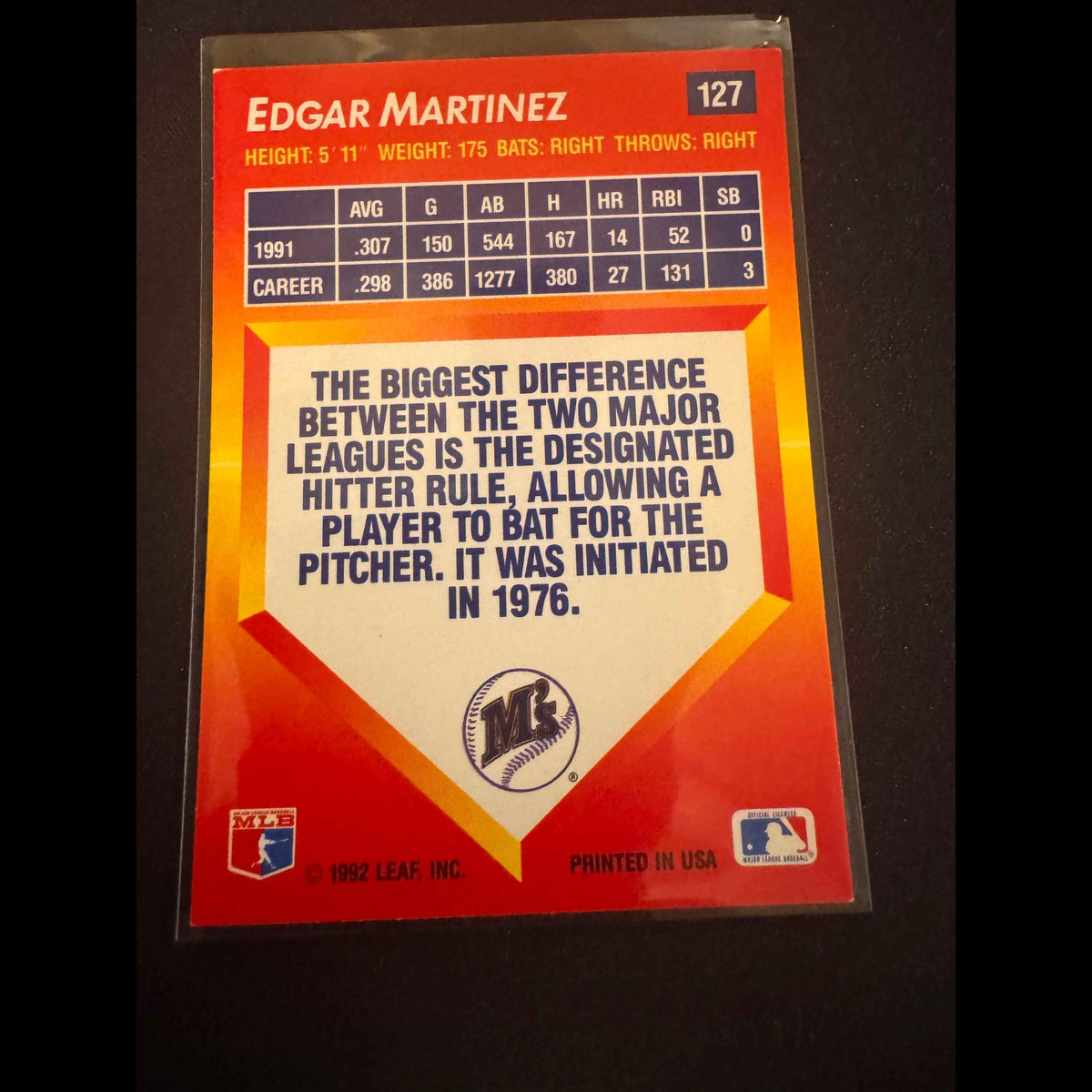 1992 Donruss Triple Play #127 Edgar Martinez Card - back