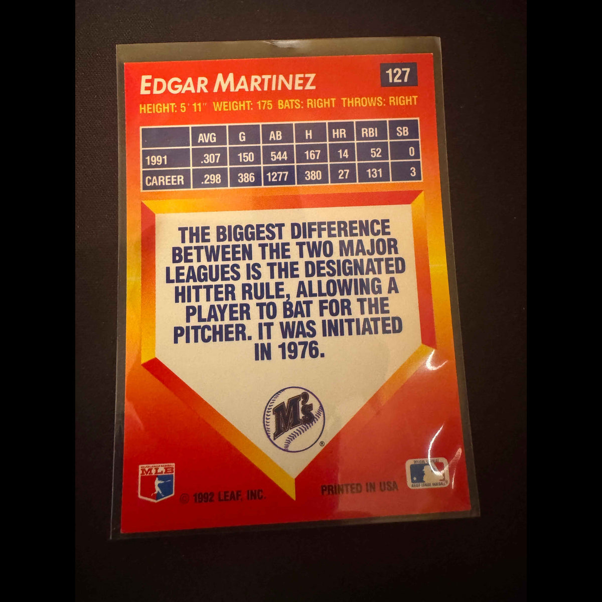 1992 Donruss Triple Play #127 Edgar Martinez Card - view 4