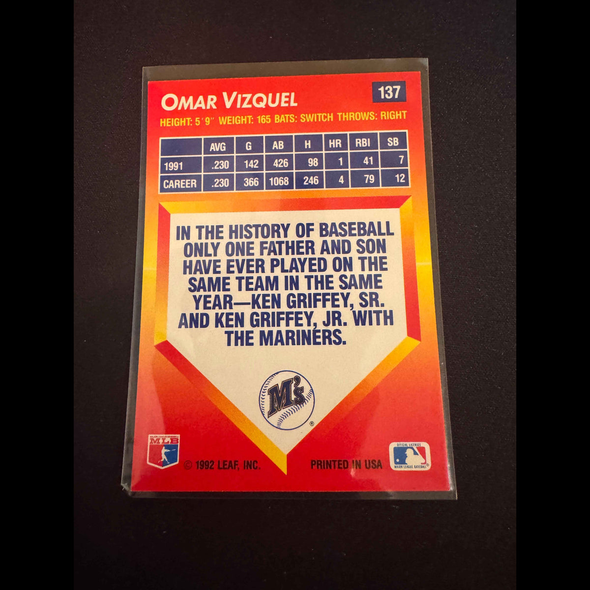 1992 Donruss Triple Play #137 Omar Vizquel Card - back
